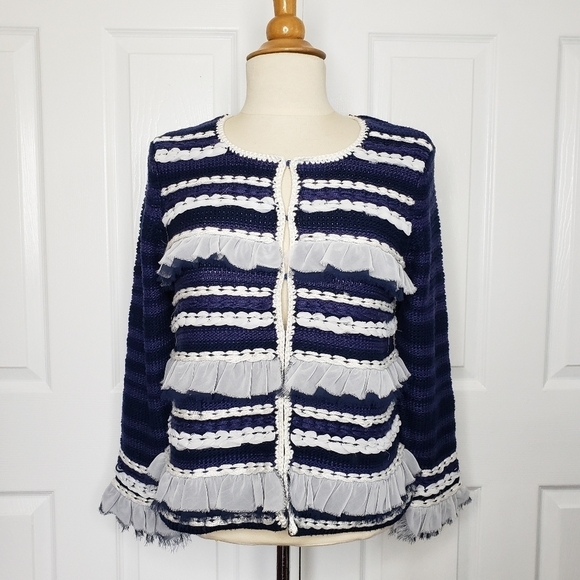 Chico's Ruffled Striped Mixed Texture Cardigan Sweater Small - Picture 10 of 10